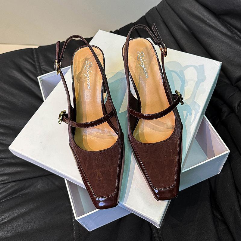 

Босоніжки Baotou жіночі Мері Джейн 2025 новий літній однослівний з високими підборами товстий підбор маленький квадратний носок порожні одинарні туфлі 40 темно-коричневого кольору