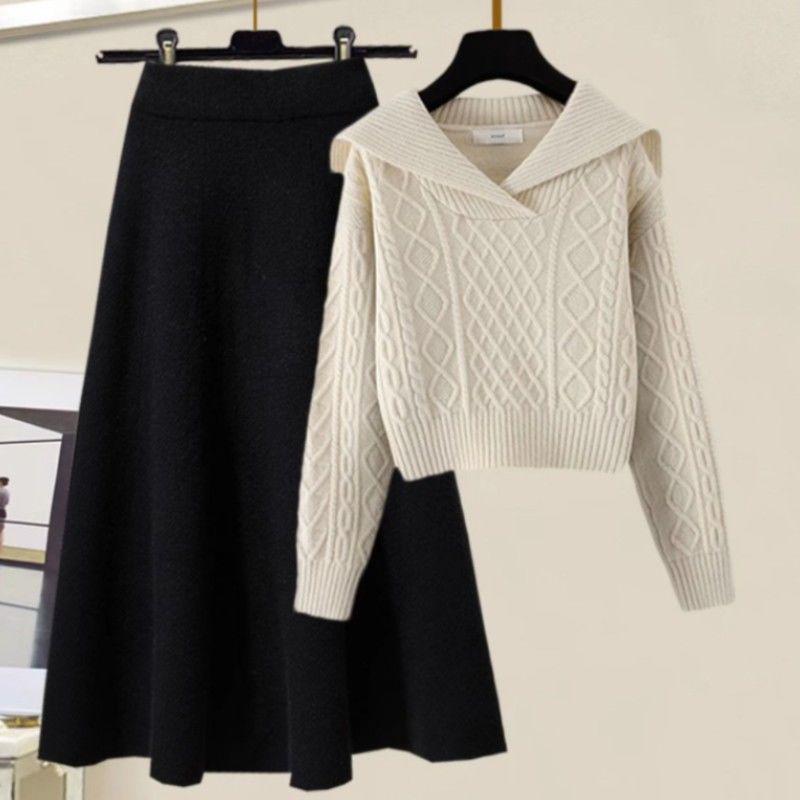 Petite Two-Piece Set: Peter Pan Collar Cable Knit Sweater + High-Waisted A-Line Knit Midi Skirt, Autumn/Winter Style.