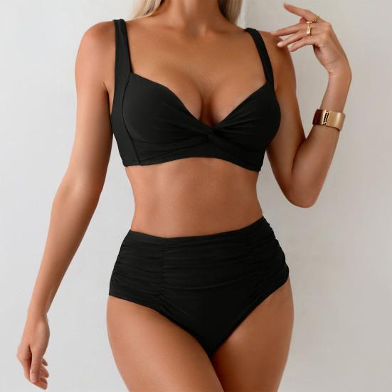 2Pcs/Set Women Bikini Set Knotted Design Chest Pad No Steel Support Bra High Waist Swimming Briefs Set Beach Pool Vacation Sexy Swimsuit