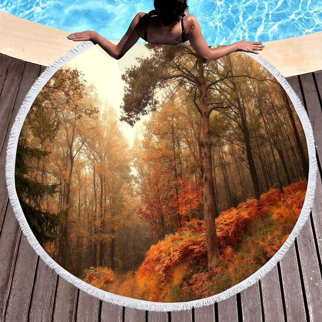 Forest Round Beach Towel Natural Scenery Beach Blanket with Tassels Microfiber Country Woodland Tree Circle Bath Towel Yoga Mat