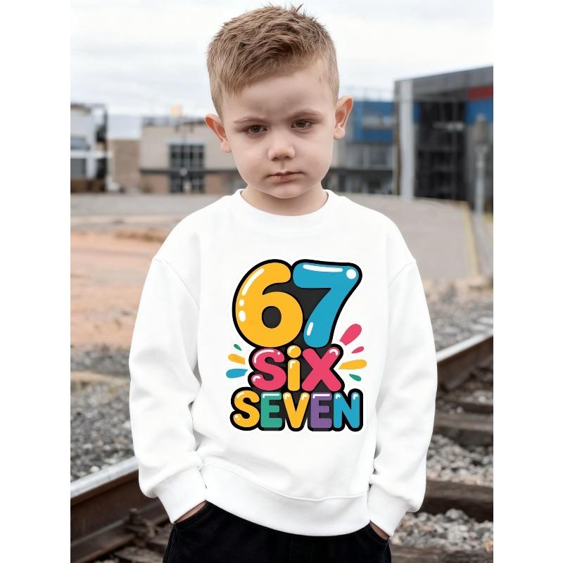 Kids Colorful Bubble Number 67 Six Seven Print Sweatshirt Unisex Boys Girls Glossy Splash Cartoon Letter Crewneck Long Sleeve Pullover Children Top