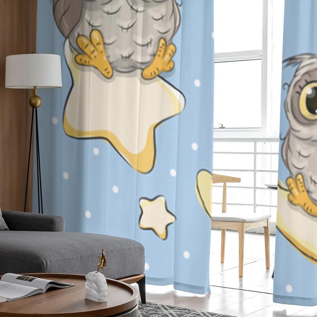 Niedliche Eulen-Stern-Mond-Vorhänge für Wohnzimmer, Schlafzimmer, Tüllvorhänge, Küche, Fensterbehandlungen, Panel-Vorhänge