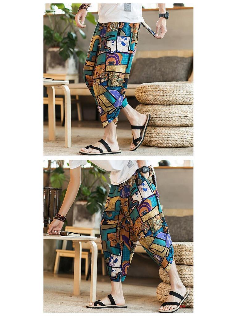Men's Loose Linen Beach Pants, Wide-Leg 7-Point Harem, Casual Thai-Style Cotton Blend