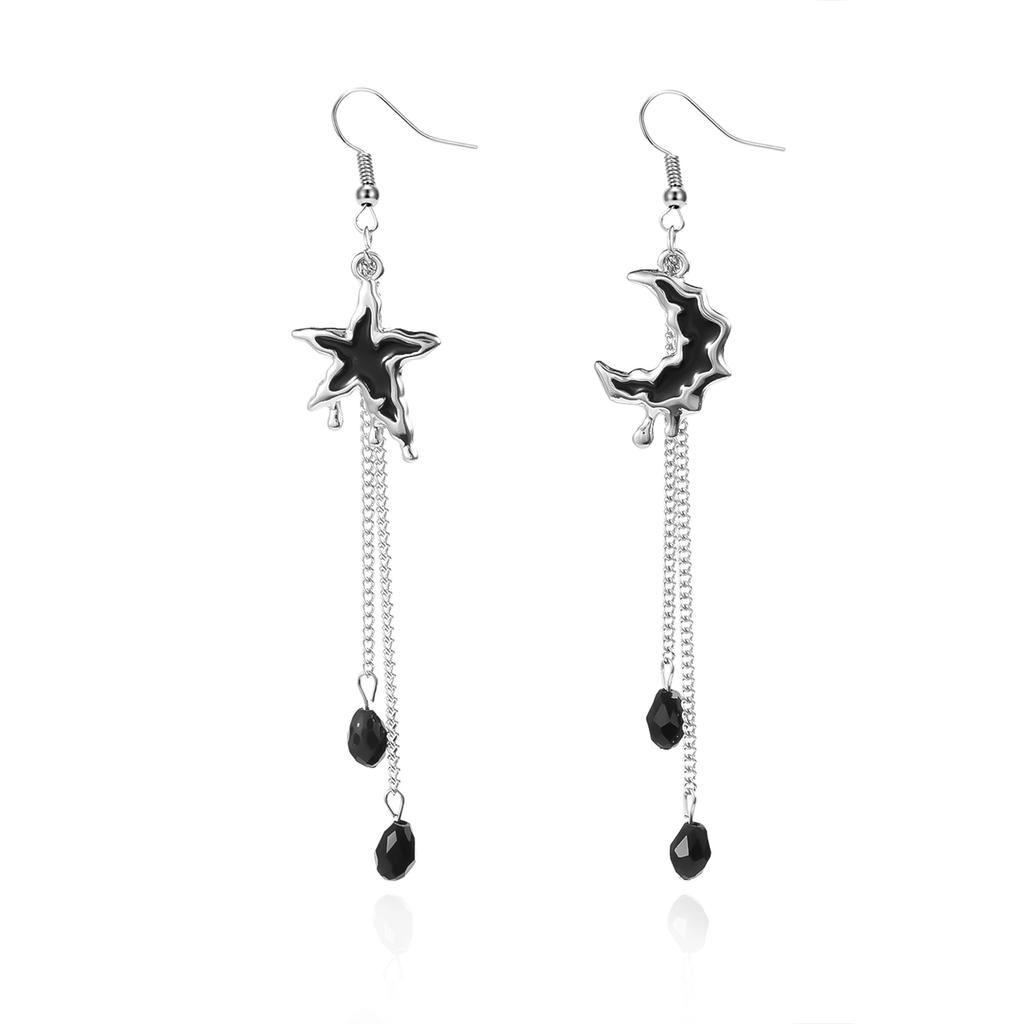 Fashion Black Crystal Waterdrop Earrings for Women Punk Asymmetric Star Moon Long Tassel Earring Girls Party Daily Wear Jewelry