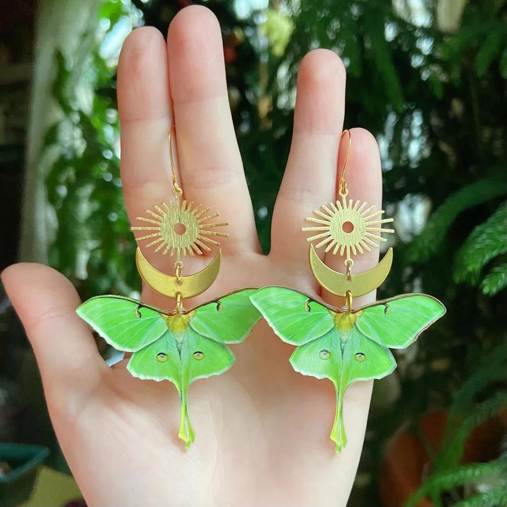 Gothic Bohemia Gold Color Stainless Steel Sun Crescent Moon Green Insect Moth Dangle Earrings for Women Jewelry Accessories Gift