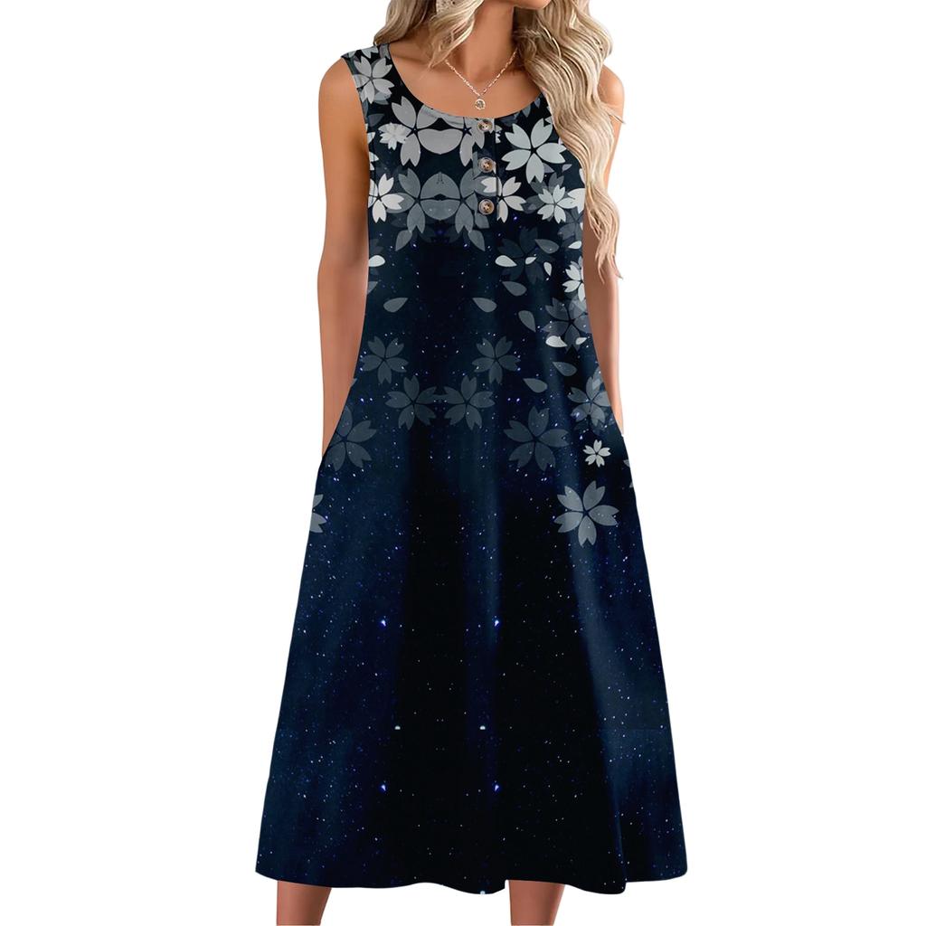 Women's Fashion Casual Sleeveless Button Floral Print Dress with Pocket