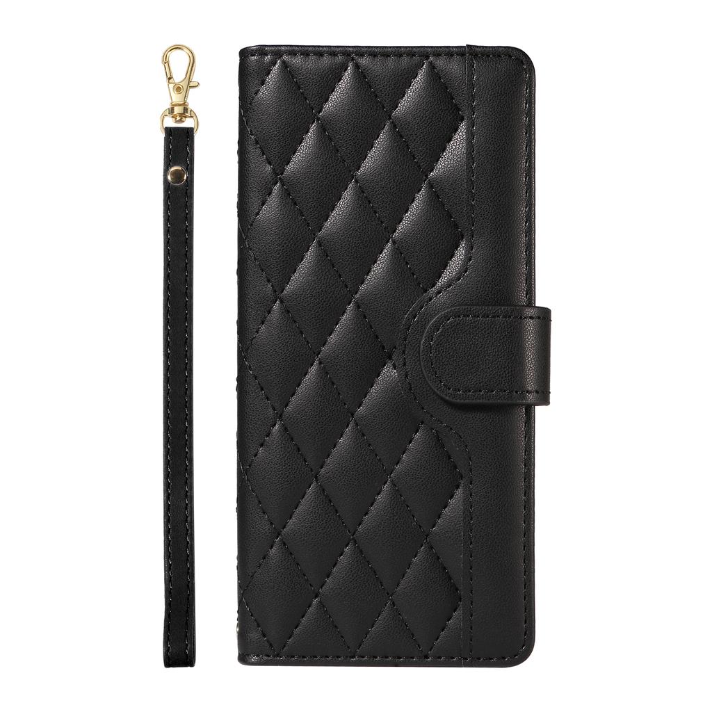 For iPhone 16 Plus Case Wallet Rhombus Leather Handbag Phone Cover with Shoulder Lanyard