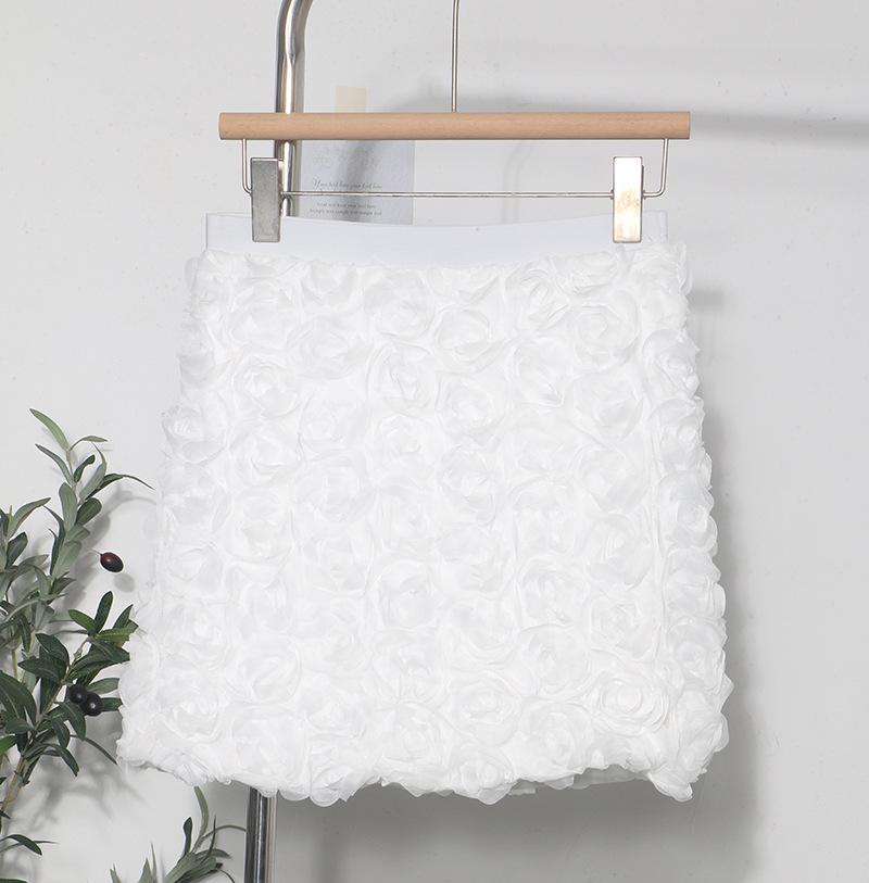 3D Rose Midi Tulle Skirt - Fluffy, Elastic High Waist, Slimming, Versatile A-line for Women
