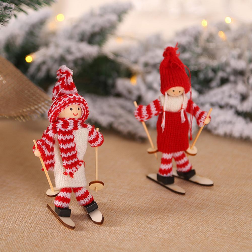 Christmas Ski Girl Doll Reusable Handmade Knitted Xmas Tree Hanging Gnome Decoration Cute Ski Figurines Decor For Festival Gift