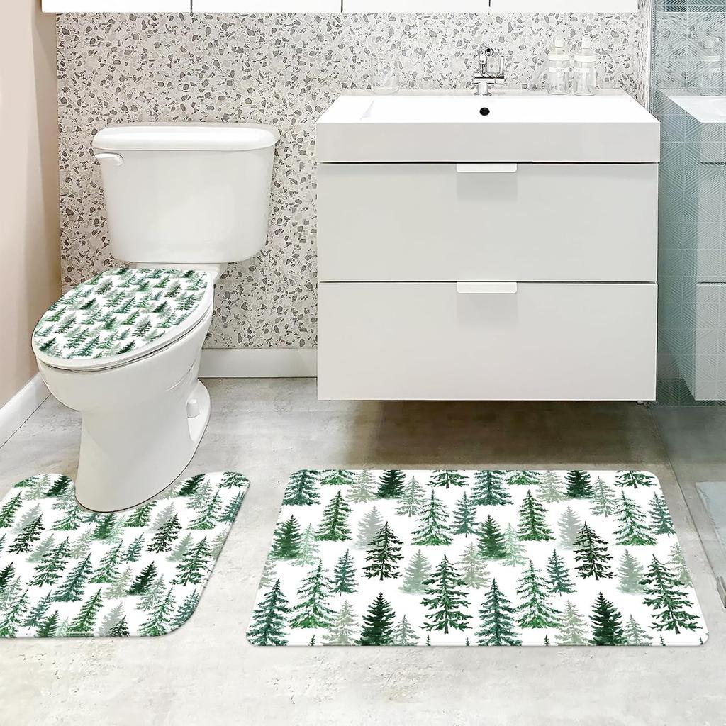4Pcs Bathroom Shower Curtain Set Christmas tree Bathroom Curtain With 12 Hooks Non Slip Rugs Toilet Cover Mat Bathroom Partition