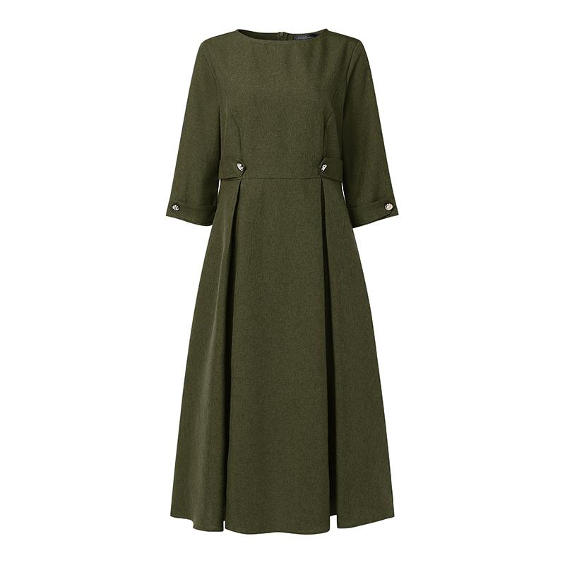 ZANZEA Női Elegáns Alkalmi Kerek Nyakú Egyszínű 3/4 Ujjú Midi Ruha