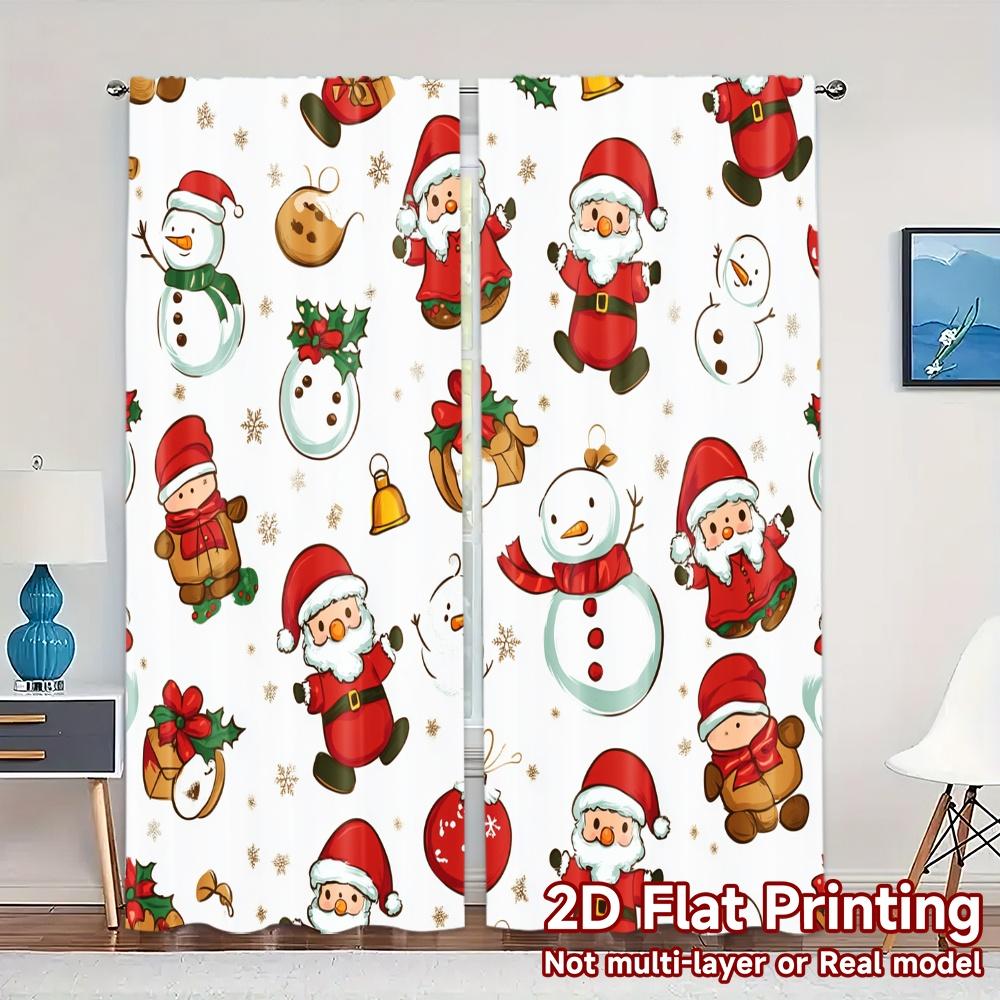 Set Of 2 Curtains Christmas Teddy Bear Santa Snowman Chic Curtain Cloth Durable Polyester Fabric Insulation Thermal