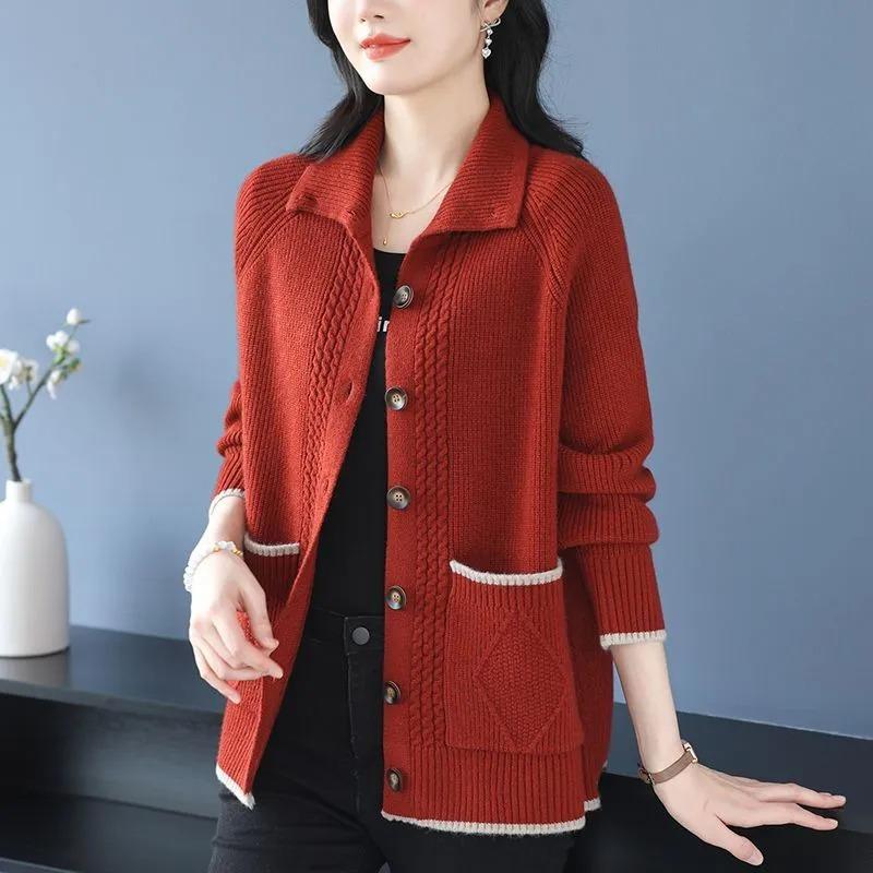 Cardigan de damă de toamnă și iarnă, culoare uni, cu revere cu nasturi, la modă, cu buzunar, casual, elegant, top