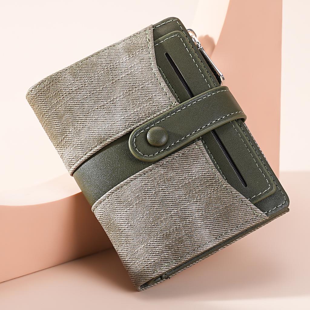 New women's wallet, high-end student denim leather short wallet, fashionable snap-button zipper, multi-card wallet