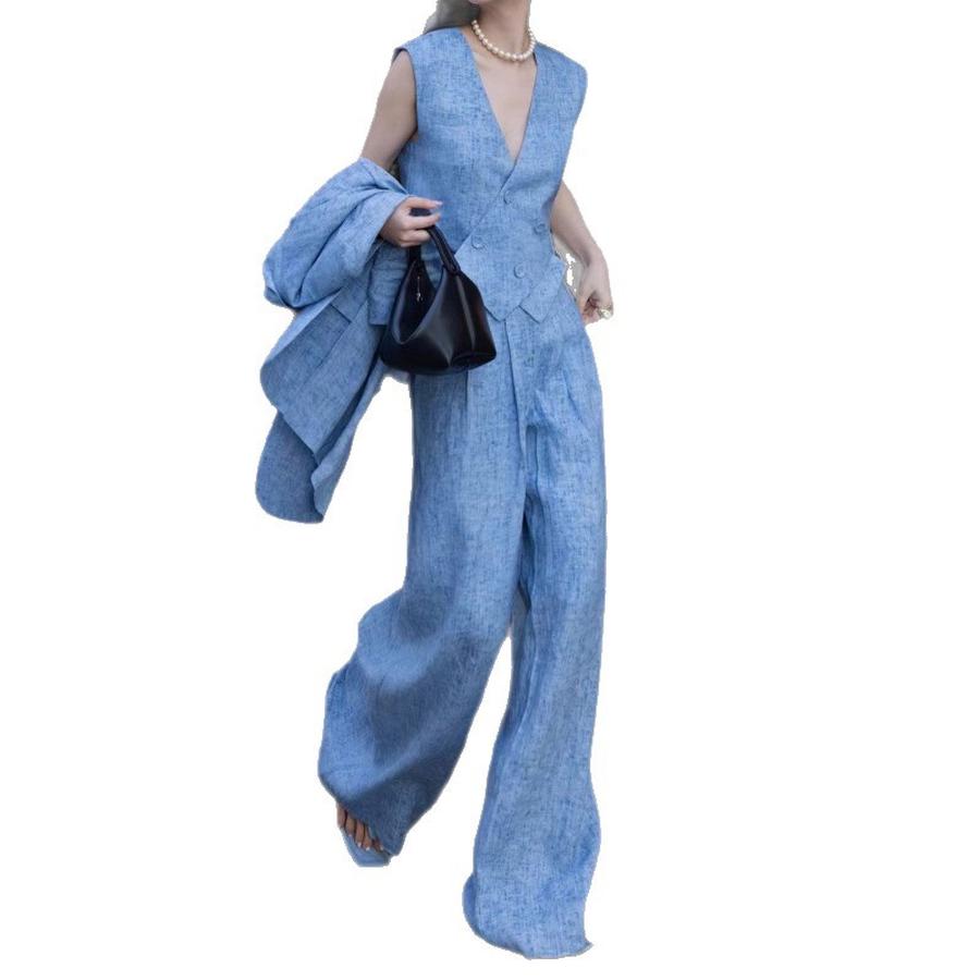  Fashion Set Summer Spring New Design Blue Linen Blazer Wide Leg Pants Three Piece Suit