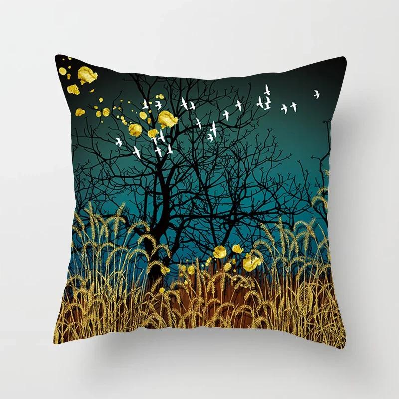 Black Gold Drawing Leaf Elk Tree Bird Butterfly Printed Square Pillowslip Polyester Cushion Cover Pillowcase Living Room Home
