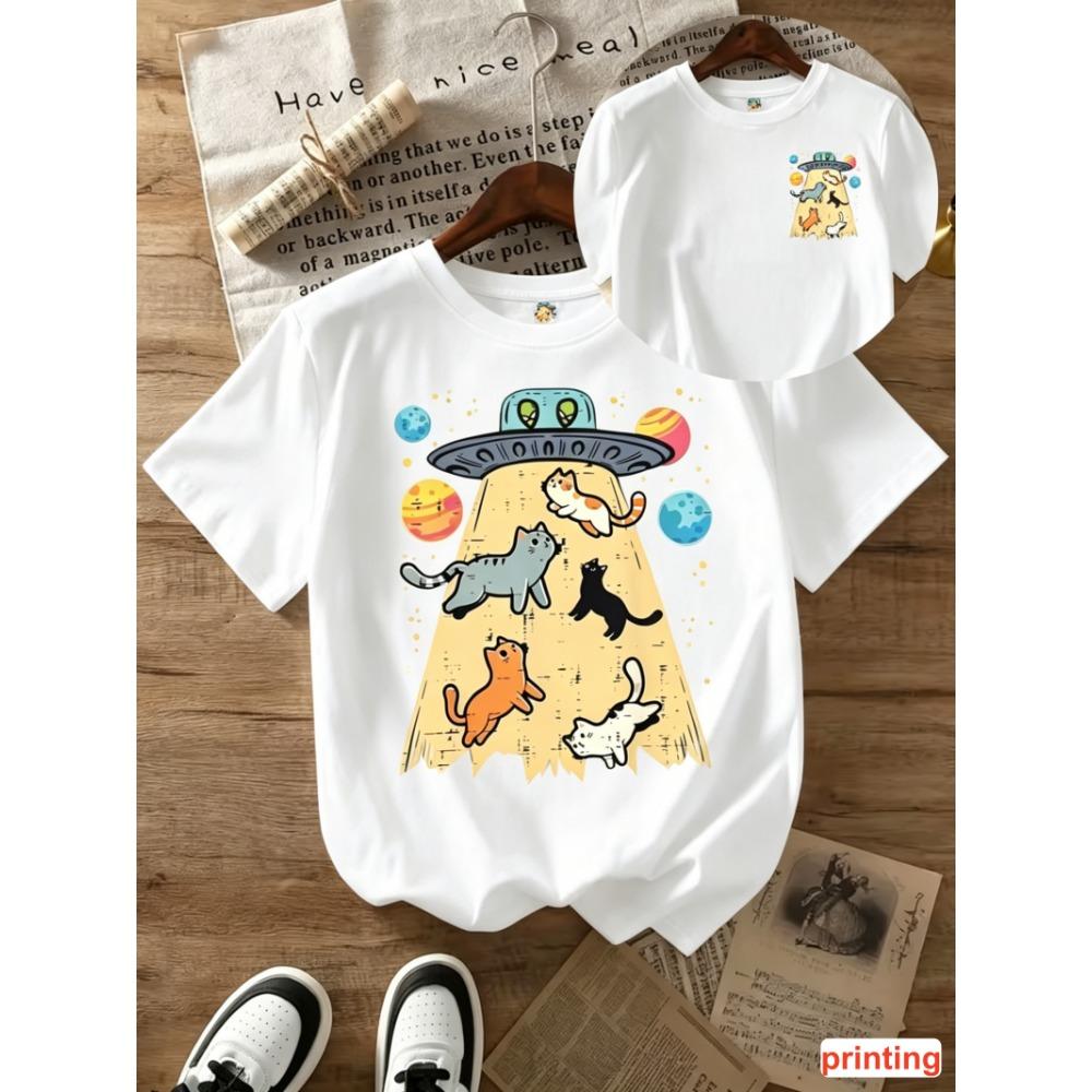 Retro Cat Abduction Statement T-Shirt Crew Neck Short Sleeve Casual Top Men Women Unisex Casual Tops Trendy Streetwear M