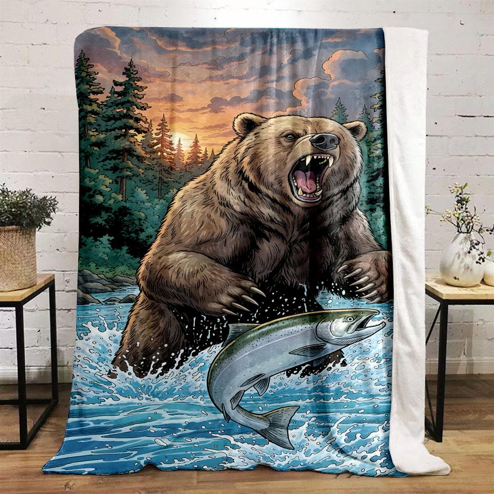 Fierce Bear Fishing in Wild River Patterned flannel blanket perfect for the bedroom living room, sofa, or a little nap