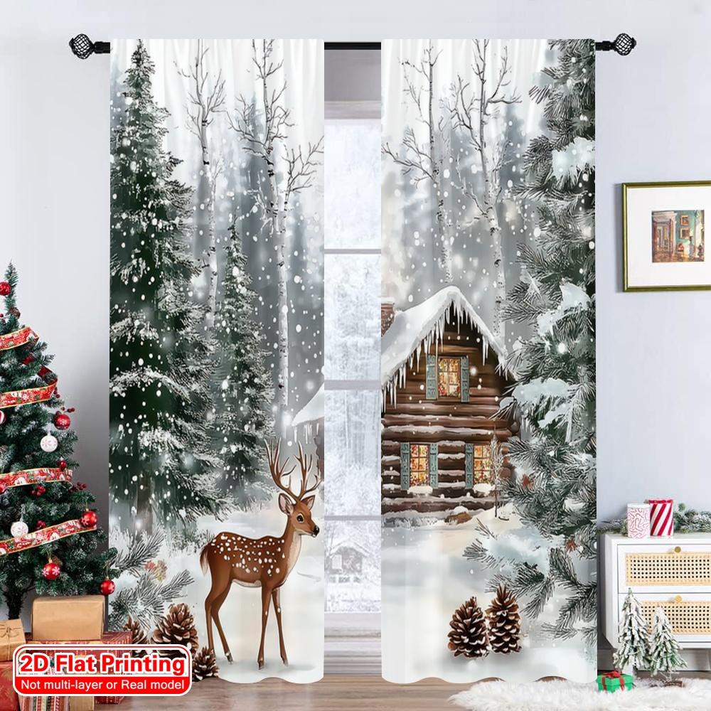 Flat Printing Christmas Curtains Winter Forest Deer Versatile Polyester Without Electricity Use Set Of 2 Made