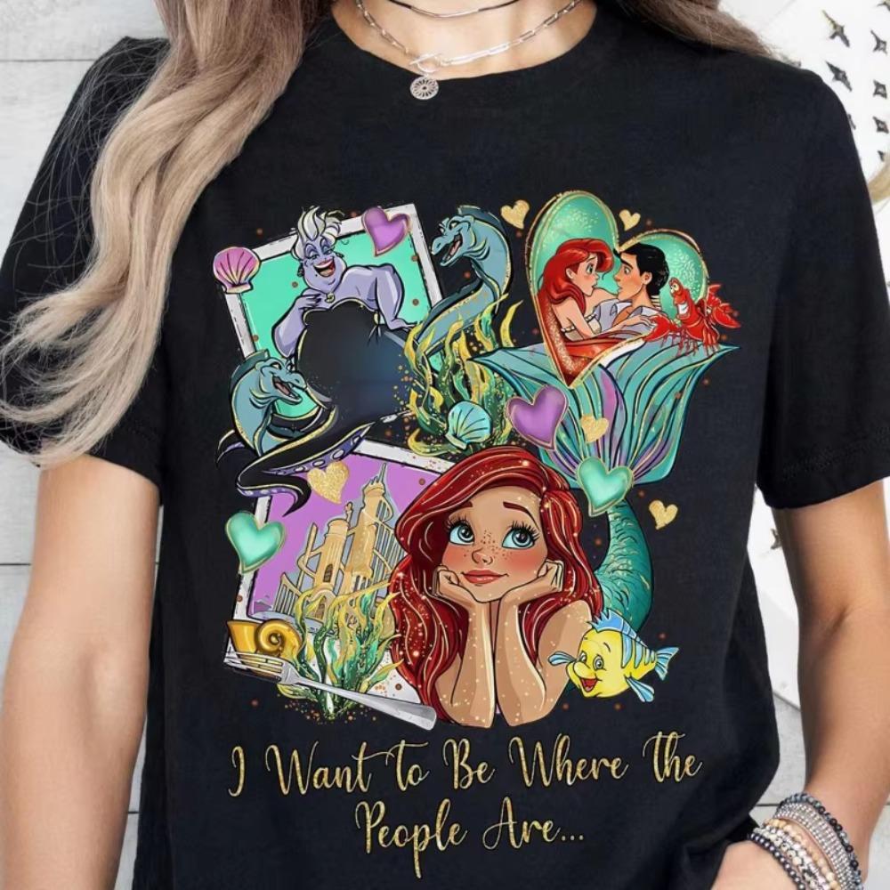 Ladies Little Mermaid Tshirt Summer Cotton Comfortable Short Sleeve Printed with Ariel Ursula and Froude Patterns S