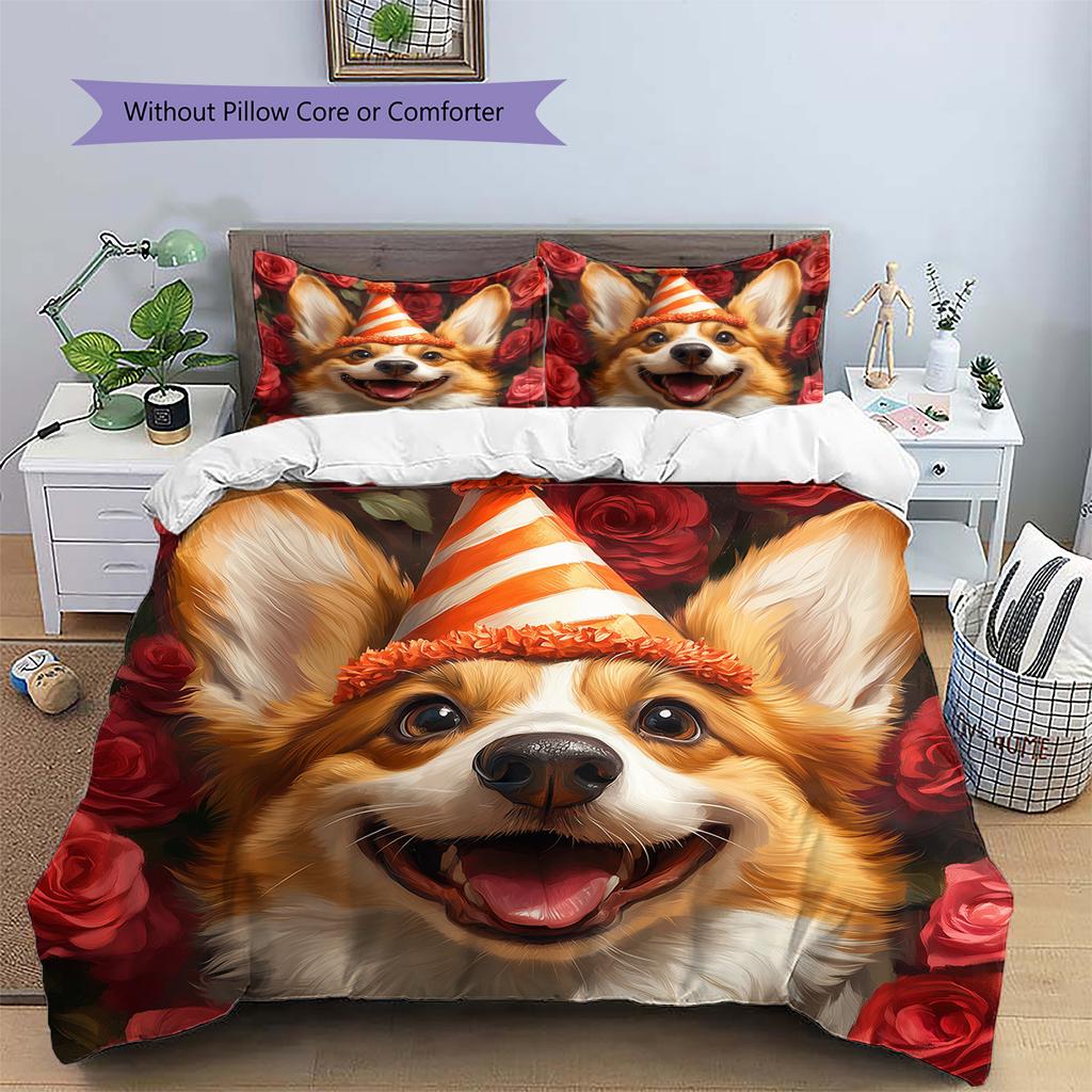 Dog with Birthday Hat Pattern Bedding Quilt Set Home Decoration Gift (1 * duvet cover + 2 * pillowcase without core)