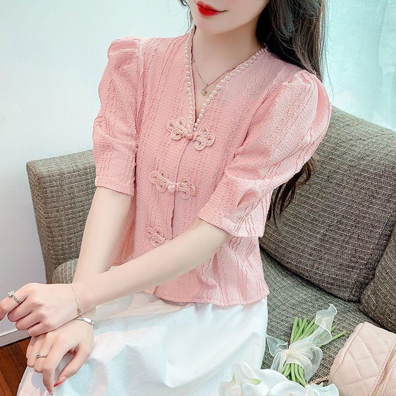 

WTEMPO Brand Модная и универсальная женская рубашка с V-образным вырезом, расшитая бисером, рукавами-фонариками, летняя с тонкими ретро-топами на пуговицах 2XL розовый