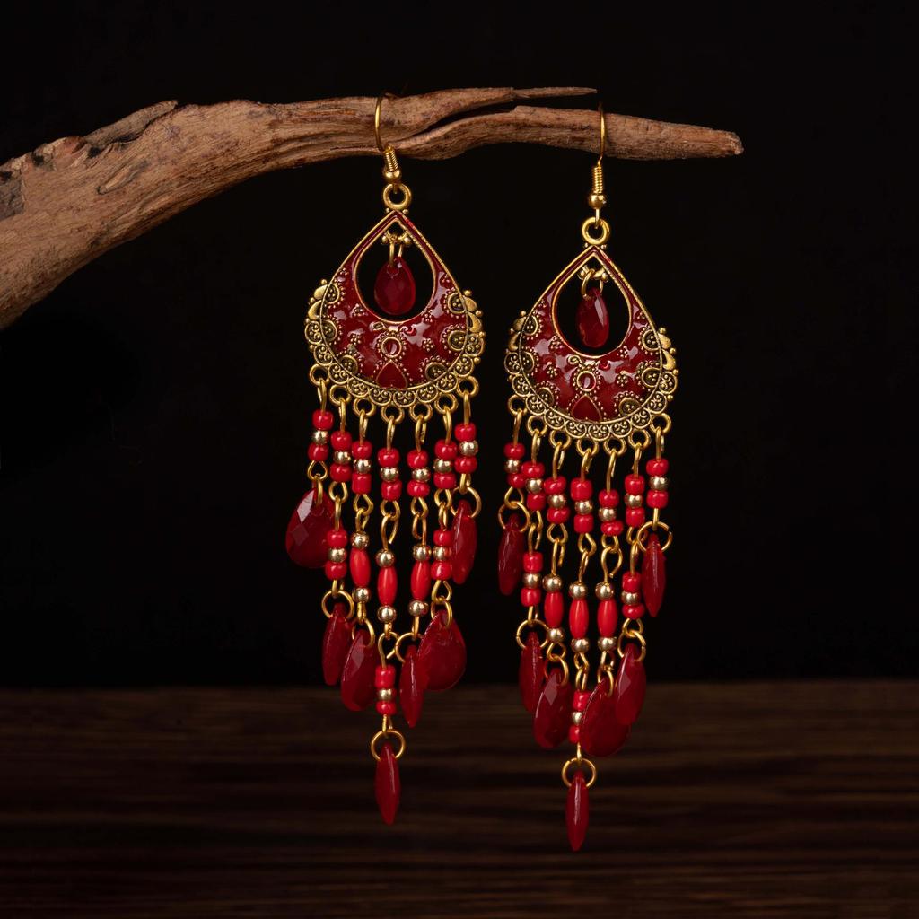 Bohemian Crystal Tassel Earrings - Vintage Ethnic Style Long Dangle for Women