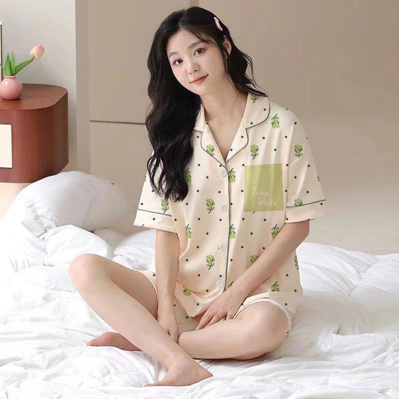 Can Wear Pajamas Women's Summer Cute Cartoon Bear Cotton Short-sleeved Cardigan Loungewear Women's Suit