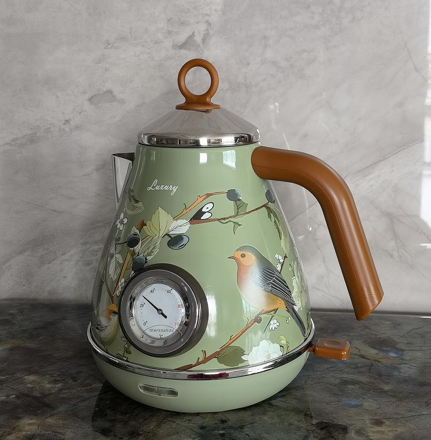 Flower-Painted Electric Kettle with Vintage Instrumental Thermometer, 1850W SUS304 LED 1.7L Automatic Shutdown and Dry Cooking Protection