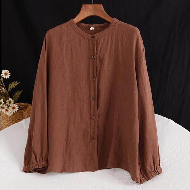 Cotton Linen Shirt Literary and Retro Style Women's Loose Round Neck Shirt Casual Thin Coat Close-up Sleeve Top Spring and Autumn