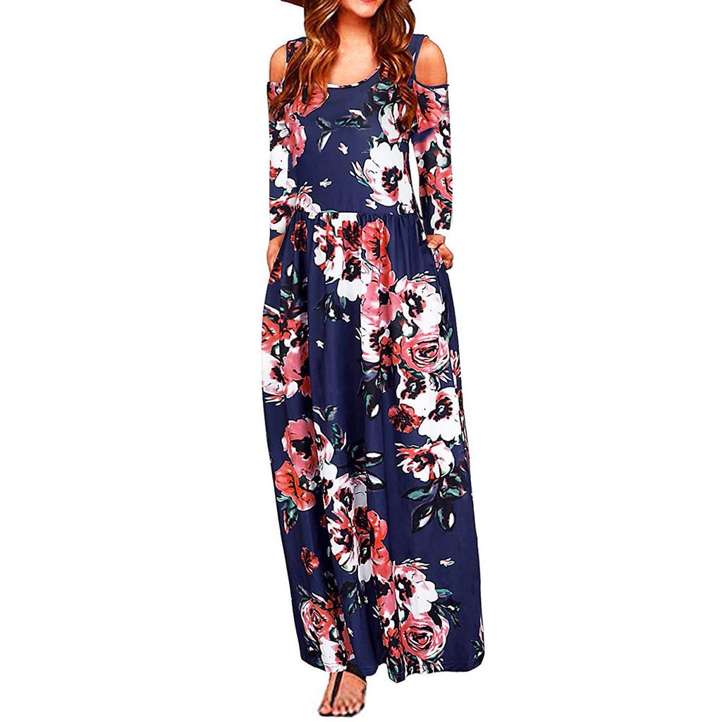 Womens Fashion Off Shoulder Print Long Sleeves Floor-Length Long Dress