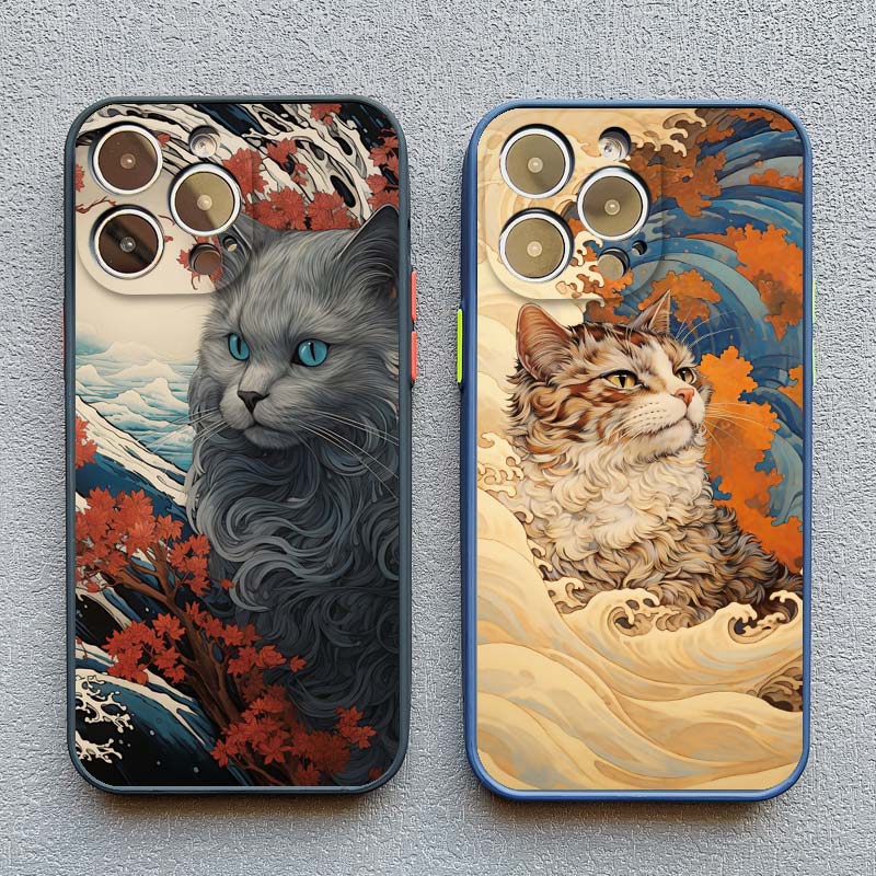 Sea Waves And Cat Phone Case For Iphone 7 8 Plus SE2 15 16 Plus 13 12 Mini X XR XS 15 11 12 13 14 Pro Max Shockproof Back Cover