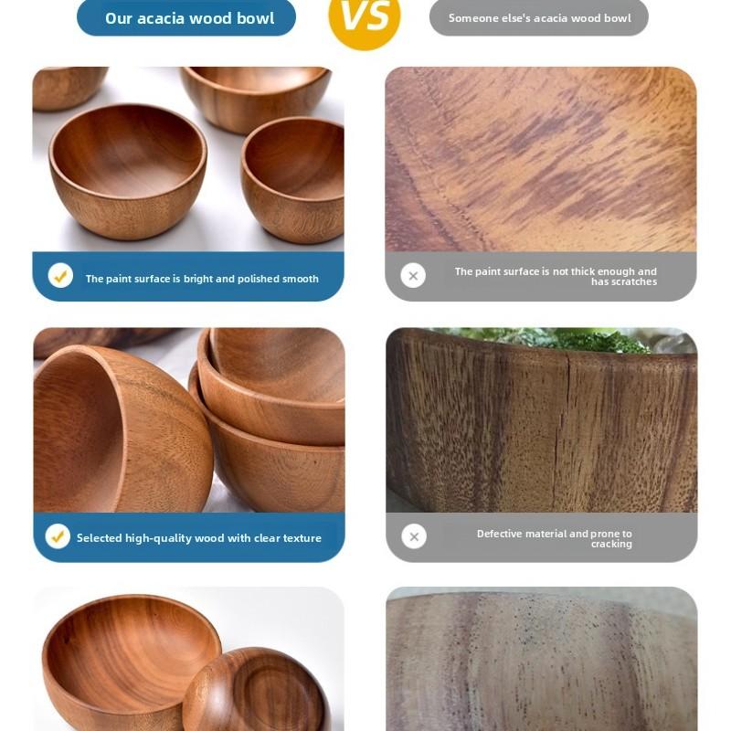 Acacia Wood Salad Bowl, Wooden Creative Rice Bowl, Environmentally Friendly Round Wooden Bowl