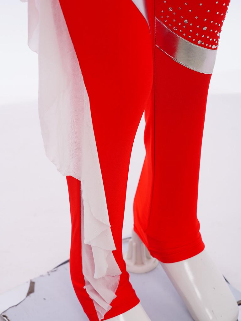 Girls Gymnastics Bodysuit Sheer Mesh Ruffles Design Asymmetrical Long Sleeve Invisible Zipper Full Body Leotard