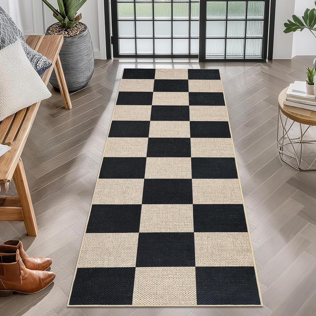 Tappeto Runner a Scacchi Artistico Antiscivolo Nero Crema Fantasia a Quadri Tappetino Tessuto Lavabile, Tappeto Lungo Decorativo per Decorazione Corridoio