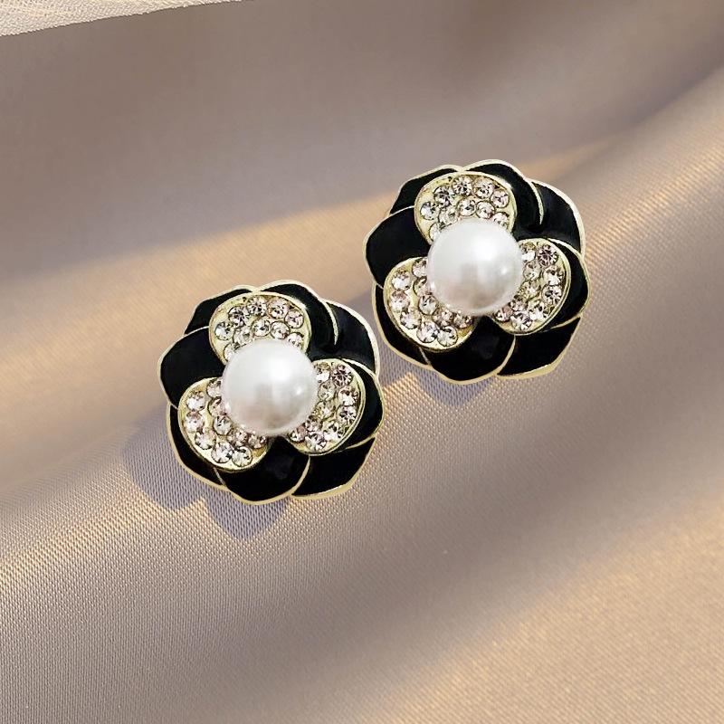 2023 Trendy S925 Sterling Silver Camellia Pearl Enamel Stud Earrings - Celebrity-Inspired Fashion Accessories
