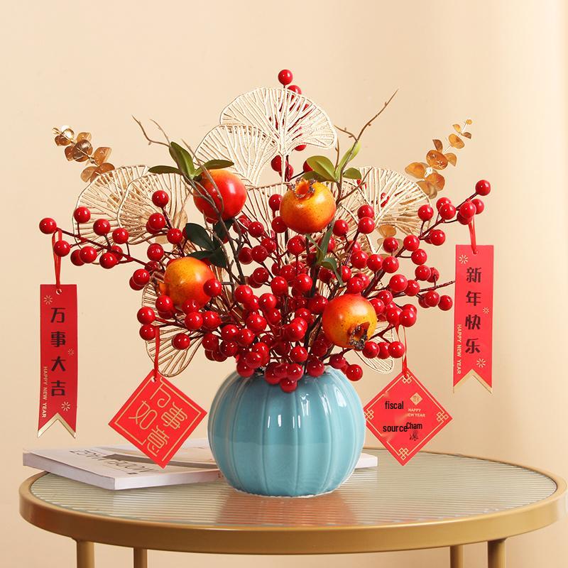 Luxurious Chinese-Style Pomegranate Fruit Arrangement: Faux Red Berries & Flowers for Living Room or Restaurant Decor