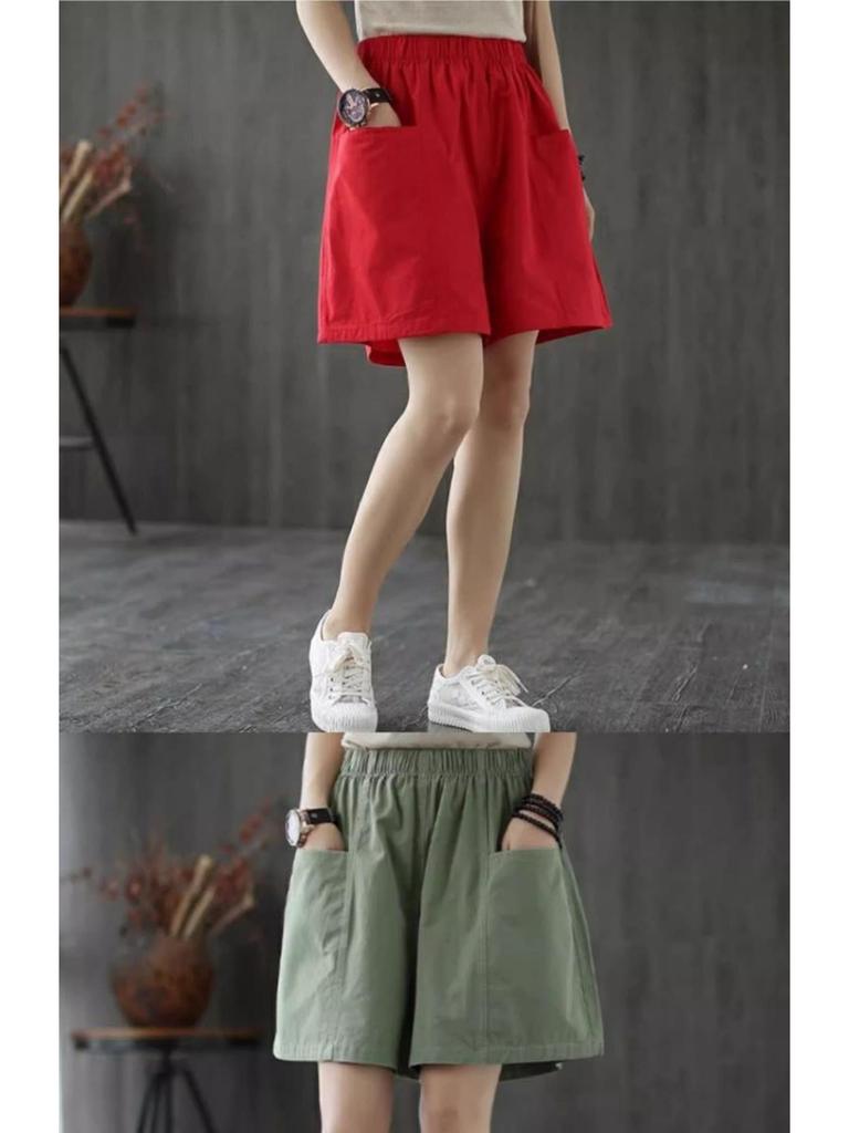 Women's Cotton Pocket Shorts - Summer Casual, Wide-Leg, Elastic Waist, Plus Size, Five-Point Length