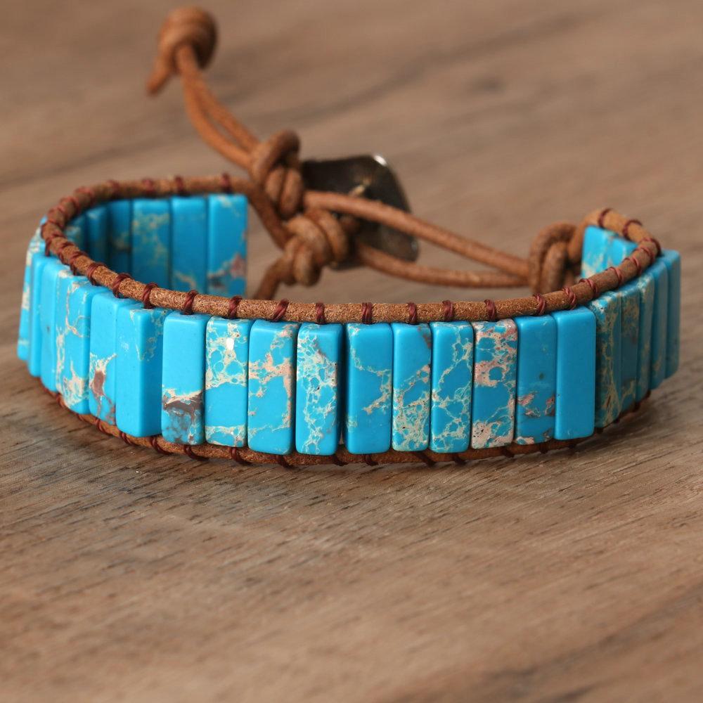 

Turquoise Rectangle Bead Leather Wrap Bracelet – Antique Silver Button Boho Jewelry, Natural Stone Healing Gift for Men Women зелёный