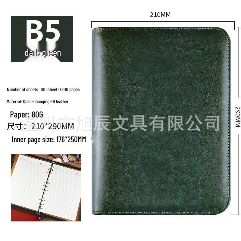 A5 Multi-Functional Leather Zipper Notebook with Large Capacity and Loose-Leaf Pocket Inserts, B5 Size