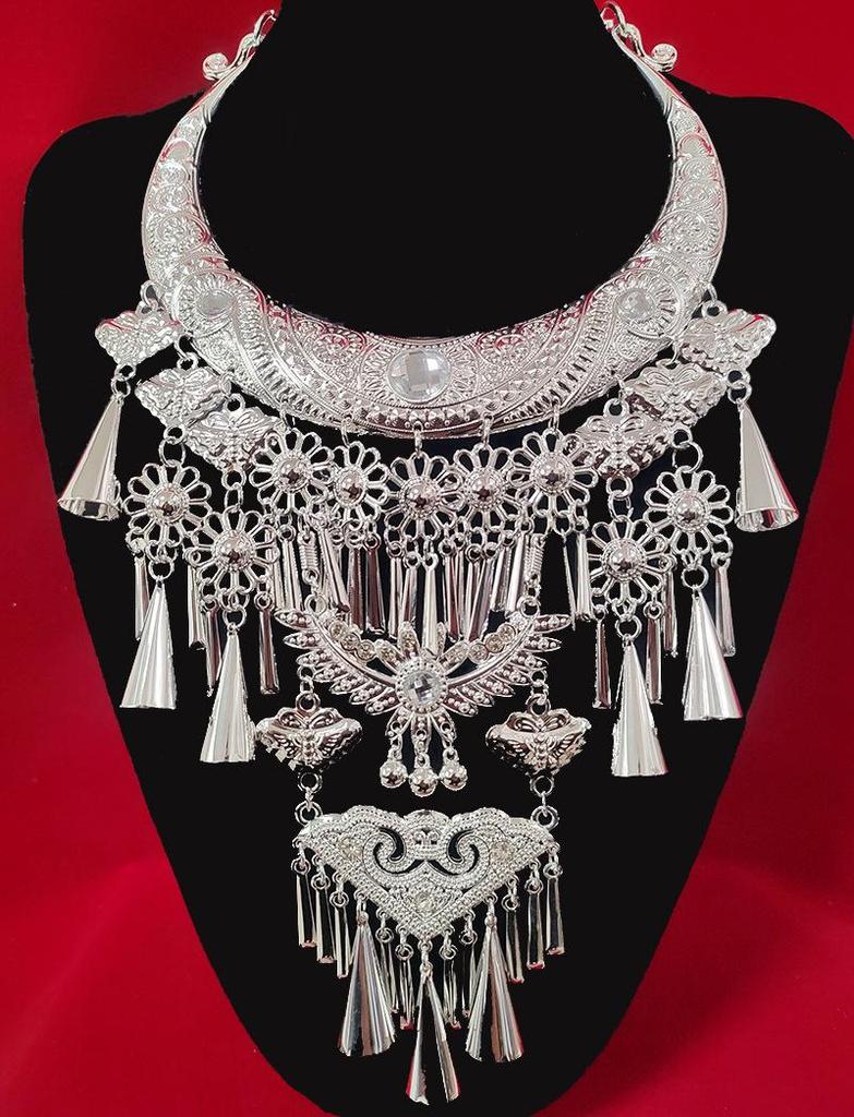 Miao Silver-Plated Gem Rhinestone Tassel Necklace for Hanfu Dance