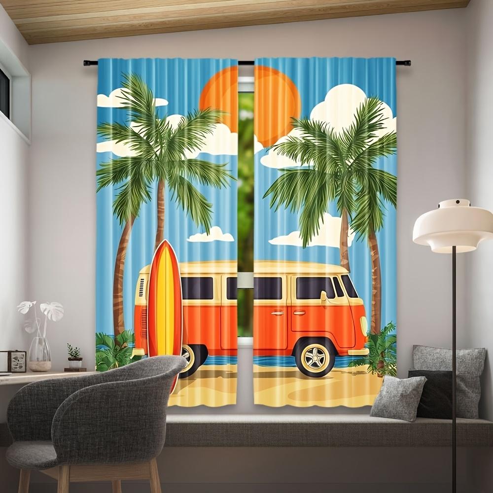 Set Of 2 Retro Beach Bus Print Polyester Curtains Vibrant Sunset Palm Tree Design Style Living Curtain Sheer Made With Rod Pocket