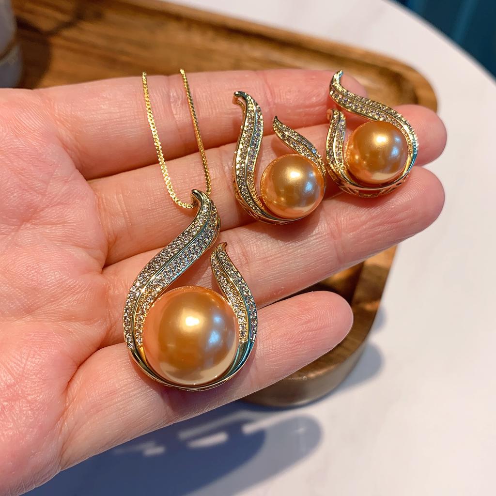 Douyin S925 Stříbrná jehla Tmavě žlutá Náhrdelník s fritillary korálky Náušnice Dvoudílná sada šperků na svatební večeři