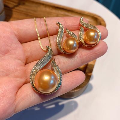 Douyin S925 Silver Needle Dark Yellow Fritillary Bead Necklace Earrings Two-piece Set Wedding Dinner Jewelry