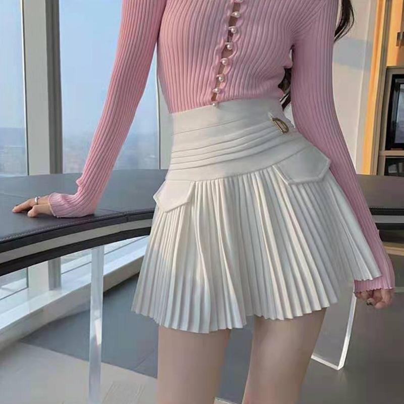 Black White Pleated Skirts Casual Slim College Women Korean Elastic High Waist Mini Metal Letter D A-line Skirts Clubwear