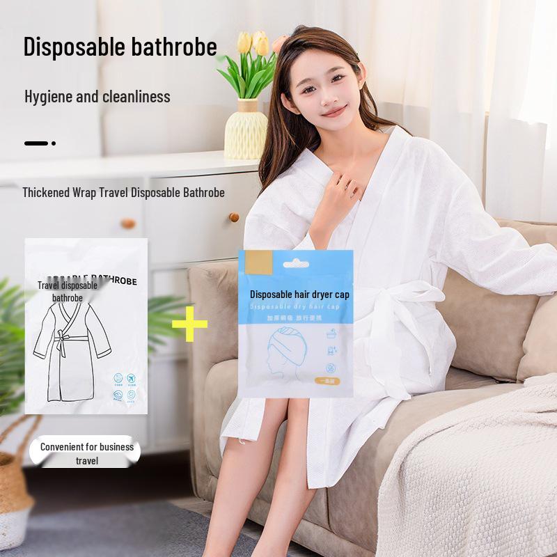 Disposable Travel Set: Bathrobe, Towel, and Dry Hair Cap - Lint-Free, Water-Absorbent, Quick-Drying.