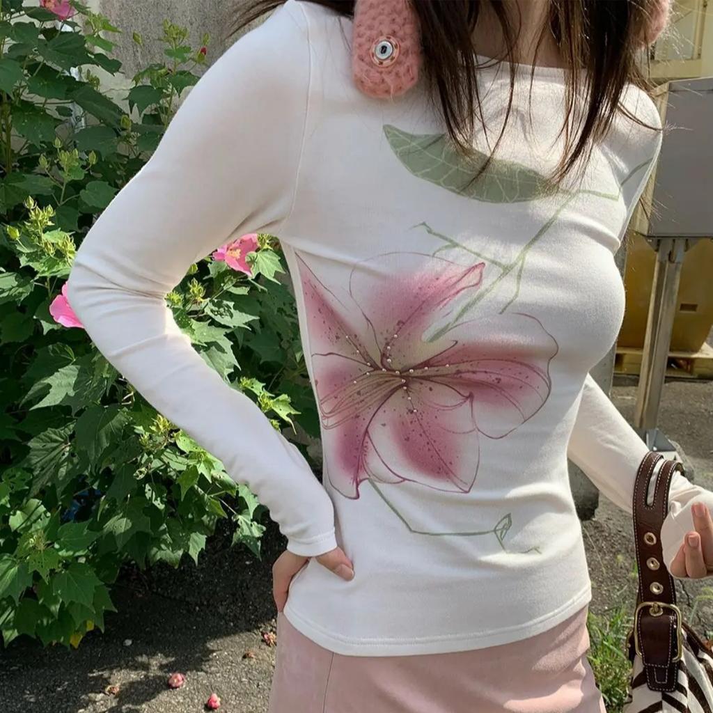 Fairycore Slim Graphic T Shirts Long Sleeve Korean Fashion 2000s Clothes Y2k Women's T-shirt New Tops Tees