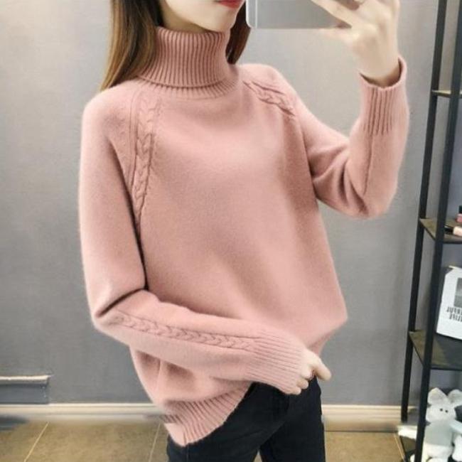 Thickened turtleneck sweater for women autumn and winter short solid color warm pullover versatile long - sleeved fleece loose knitted sweater