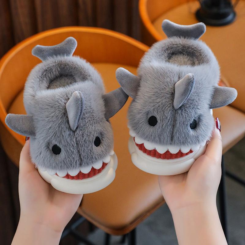 Children's Cotton Slippers Autumn and Winter Waterproof Home Indoor Non-slip Boy Cute Shark Pattern Baby Child Cotton Mop