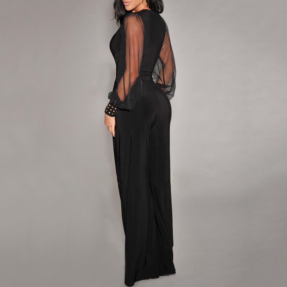 Women's V-Neck Mesh Stitching Rivet Straight-Leg Jumpsuit In Stock